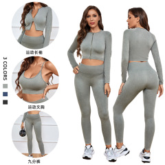 Women's 3-Piece Yoga Set with Double Zipper Long-Sleeve Tank Top, High-Waisted Leggings, and Adjustable Crossback Bra