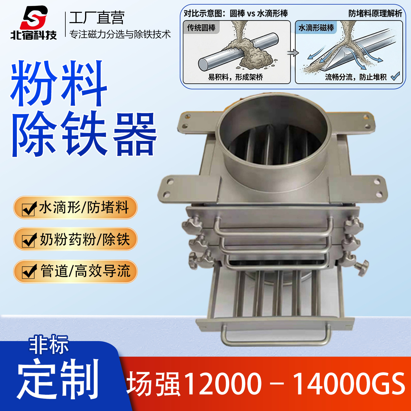 粉料除铁器抽屉式水滴形磁棒奶粉药粉卫生级防堵导流管道设备厂家