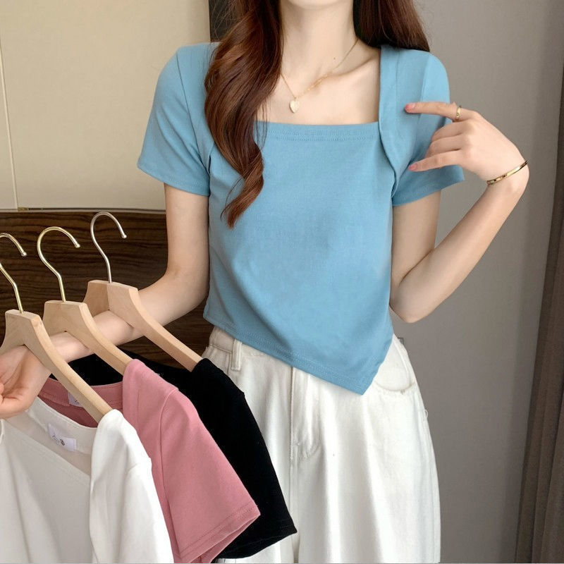 2026 Summer Square-Neck Irregular Short-Sleeve T-Shirt for Women, Solid Color, Hyuna Style, Slim Fit, Unique Short Top 2026 Summer Square-Neck Irregular Short-Sleeve T-Shirt for Women, Solid Color, Hyuna Style, Slim Fit, Unique Short Top