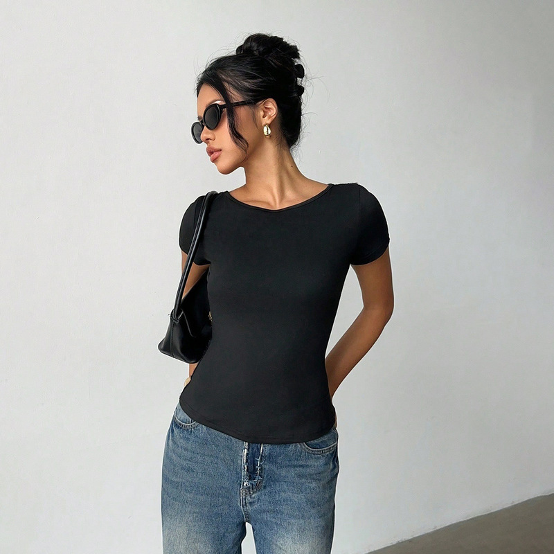 Niche Style Lace Patchwork Backless Design Thin T-Shirt Simple Style Sexy European and American Hot Girl Fashion Women's Clothing Wholesale