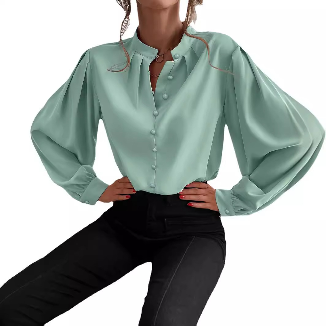 En stock transfronteriza europea y americana 2023 Amazon camisa de las mujeres populares semi-abierto cuello de color sólido suelta de manga larga elegante image 6