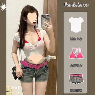 Pure Lust Fairy Short Neck Vest Women's Summer New Sexy Sexy Short-Sleeved Shirt Top Two-Piece Set