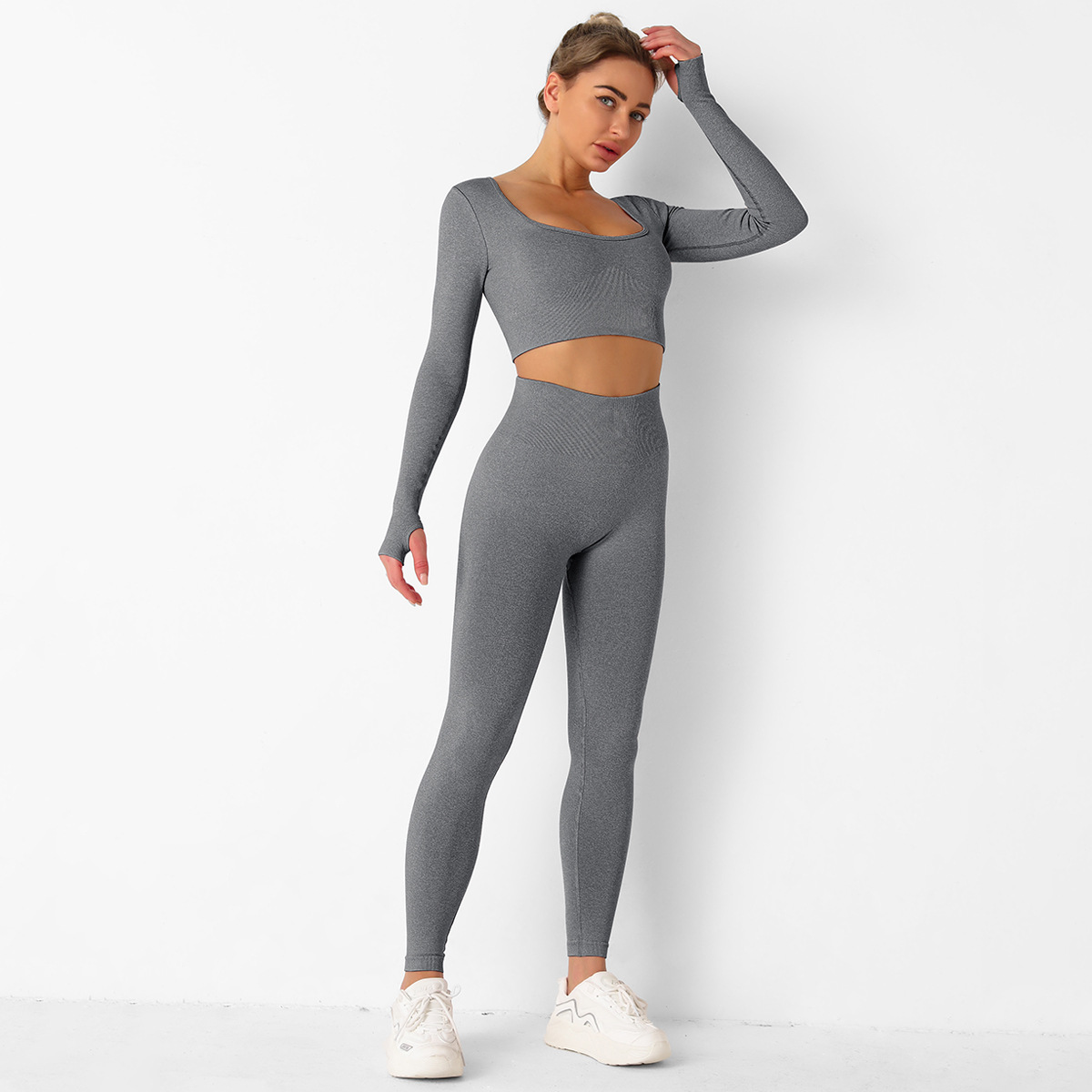 wholesale clothing vendor Nihaostyles seamless knitted tight-fitting yoga suit sexy casual running sports buttocks gym set NSLX67216