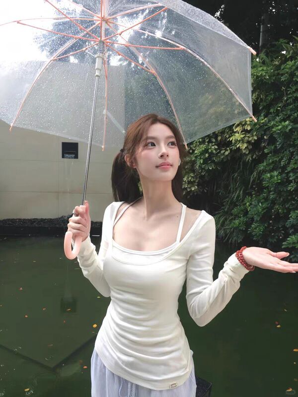 纯欲风甜辣妹两件套叠穿白色长袖t恤女秋季2025新款修身收腰上衣|undefined