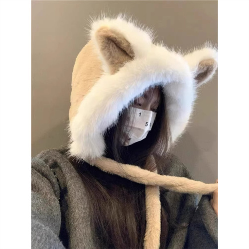 Cute fox ear fuzzy hat for girls, suitable for autumn and winter, warm, Korean style ear protection hat, makes face look smaller, trendy