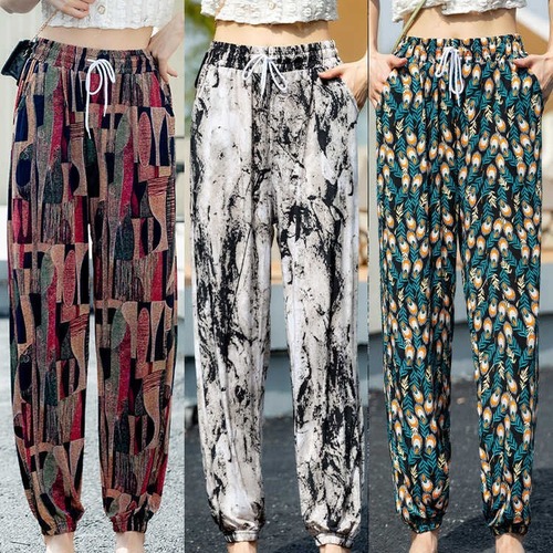 Ladies' Summer and Spring Ice Silk Leggings, Thin, Loose, Casual Sun Protection Beach Pants, High-Waisted, Mosquito-Proof, Printed Wide Leg Pants
