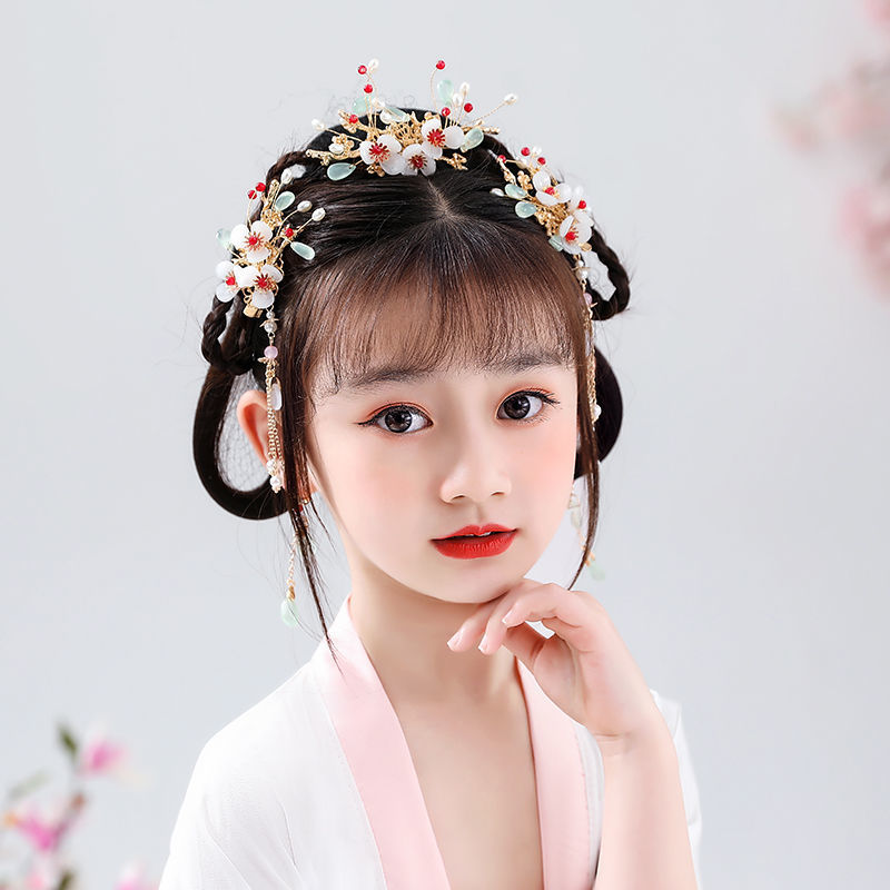 Children's Hanfu Head Accessory Ancient Costume Hair Accessories Edge Clip Super Fairy Tassel Hair Clip Earrings Set Teenage Fairy Princess Pair Set