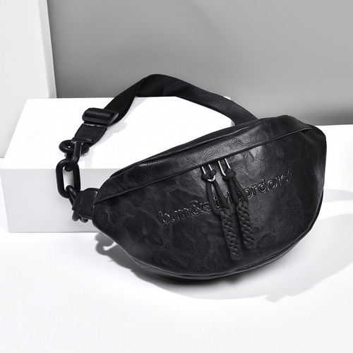 Women's Chest Bag Simple Casual Chain Black PU Small Shoulder Bag Girls Sports Portable Niche Ins Style Crossbody Bag