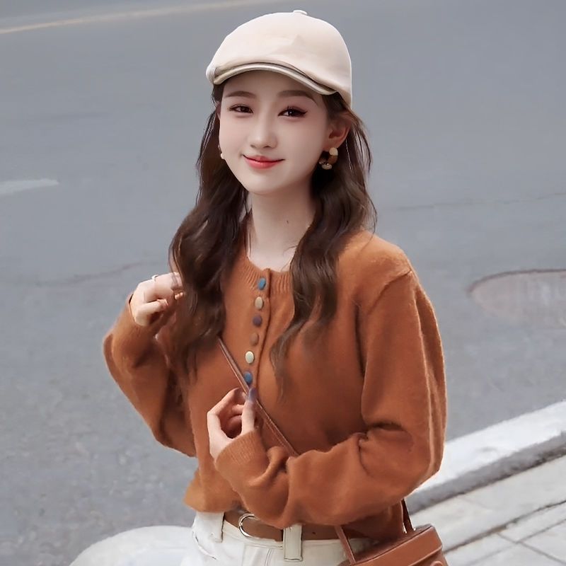 彩色纽扣圆领针织开衫女安可拉红宽松叠穿长袖春秋小香风毛衣外套|undefined