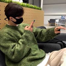 美式复古马海毛绿色毛衣男款秋季韩系慵懒风格穿搭潮牌毛线衣外套