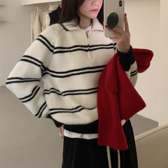 韩系polo领条纹套头毛衣女秋冬宽松翻领半拉链软糯减龄针织衫上衣