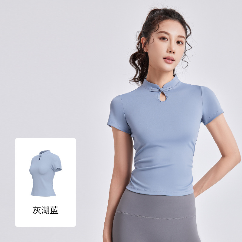 Juyitang nuevo estilo yoga de estilo nacional manga corta mujer hebilla de disco top deportivo chino verano ropa de yoga de moda nacional