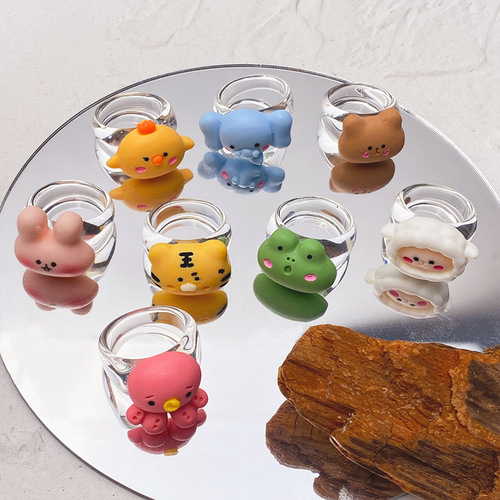 Cartoon animals bear frog rabbit elephant resin ring creative childlike transparent resin ring jewelry wholesale