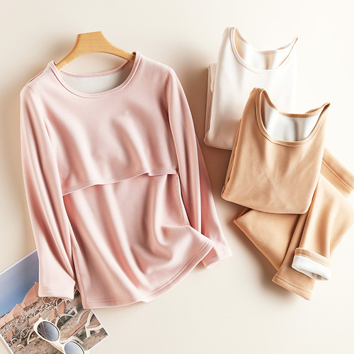 One-piece warm and thick thermal underwear set for pregnant women, autumn top and bottom with breastfeeding function, postpartum clothing 665