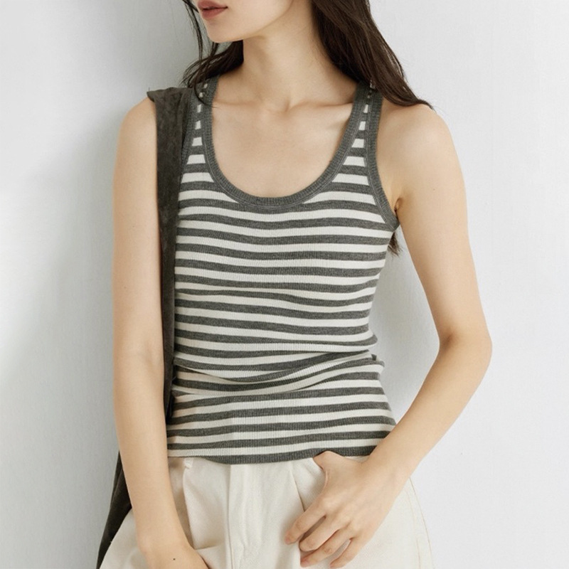 Wool Striped Vest U-Neck Fine Ribbed Stretch Slim-Fit Knit Top for Women Spring/Summer Sleeveless Camisole Wool Striped Vest U-Neck Fine Ribbed Stretch Slim-Fit Knit Top for Women Spring/Summer Sleeveless Camisole