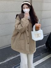 大码女装冬季新款胖韩版边娃娃领拼接宽松棉衣棉服外套