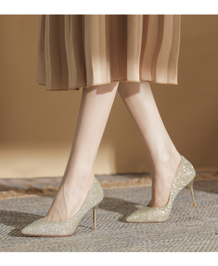 2024 New Water Diamond High Heels Women's Wedding Shoes New Versatile Bright Diamond Women's Shoes Hot Diamond Pointed Thin Heel Shoes_voghion.com