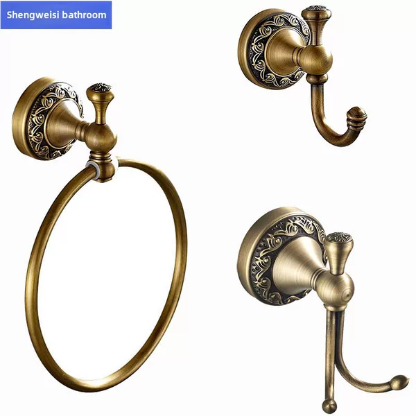 Vintage Bronze Carved Double Hook Towel Ring Bathroom No-Drill Hardware Accessory