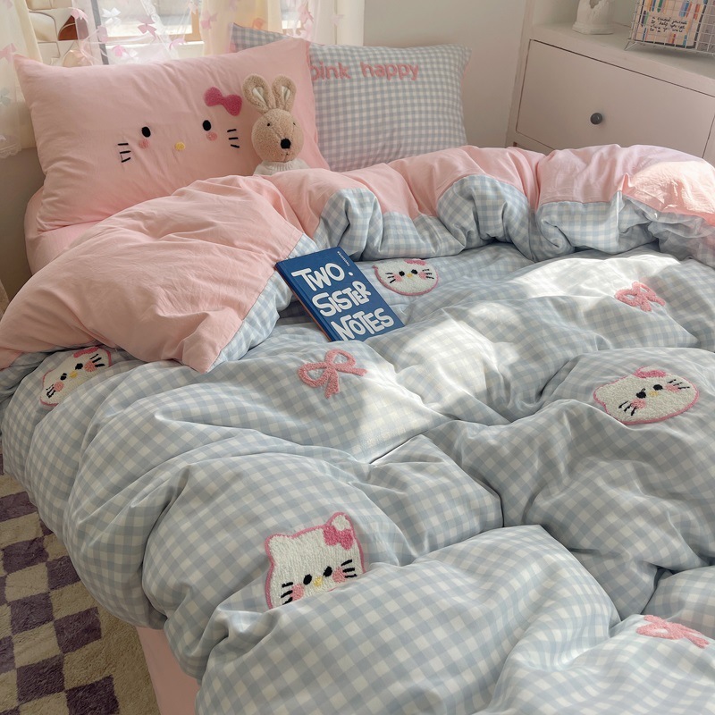 かわいいハローキティベッド4点セット ウォッシュドコットン掛け布団カバーシーツ 学生寮3点セット 0.9ベッド|undefined