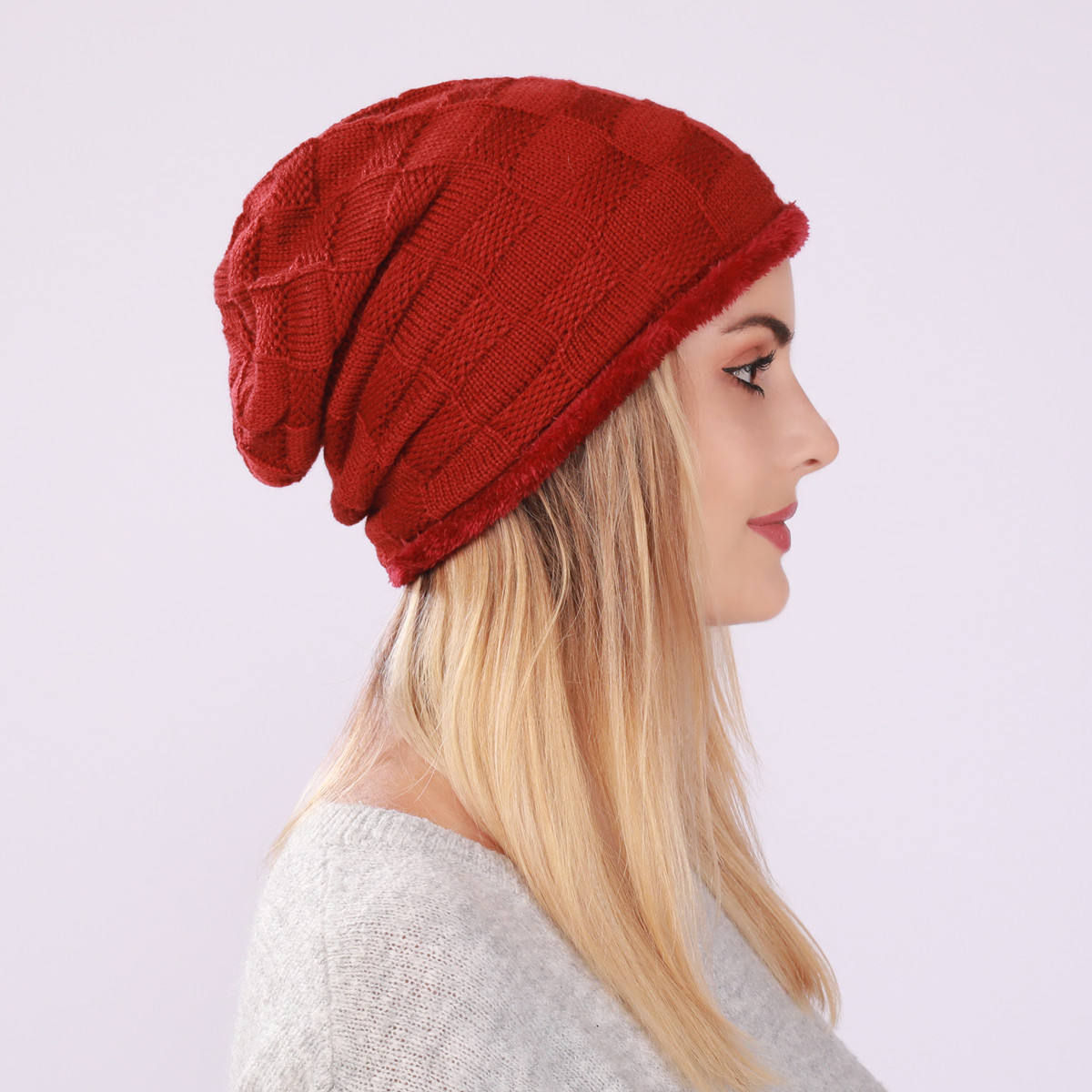 Plissee-Plüsch-Männer-Damen-Pullover-Mützen, gestrickte karierte postpartale Ohrenschützer für Herbst und Winter, warm_voghion.com