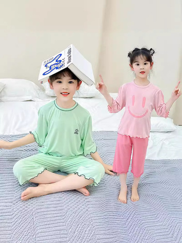 新款女童短袖套装莫代尔夏季儿童睡衣可爱套装七分袖空调家居服批