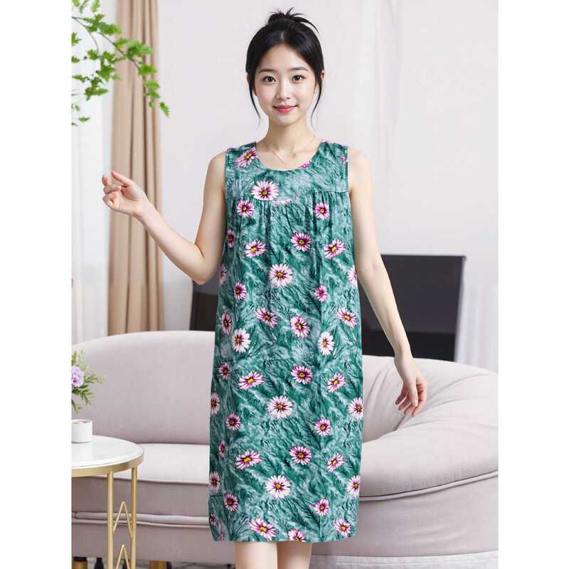 1.2m Extra Long Pajamas Women's Summer Woven Cotton Plus Size Cotton Silk Sleeveless Nightgown Casual Cotton Silk Dress