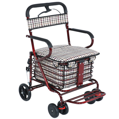 The elderly can sit on the foldable shopping cart with a pushable soft chair for travel assistance