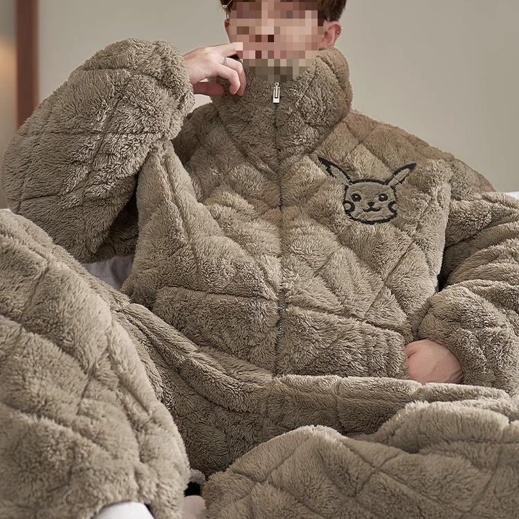 잠옷 남자 겨울 산호 양털 기모 3 층 퀼트 겨울 남자 10 대 학생 큰 어린이 세트