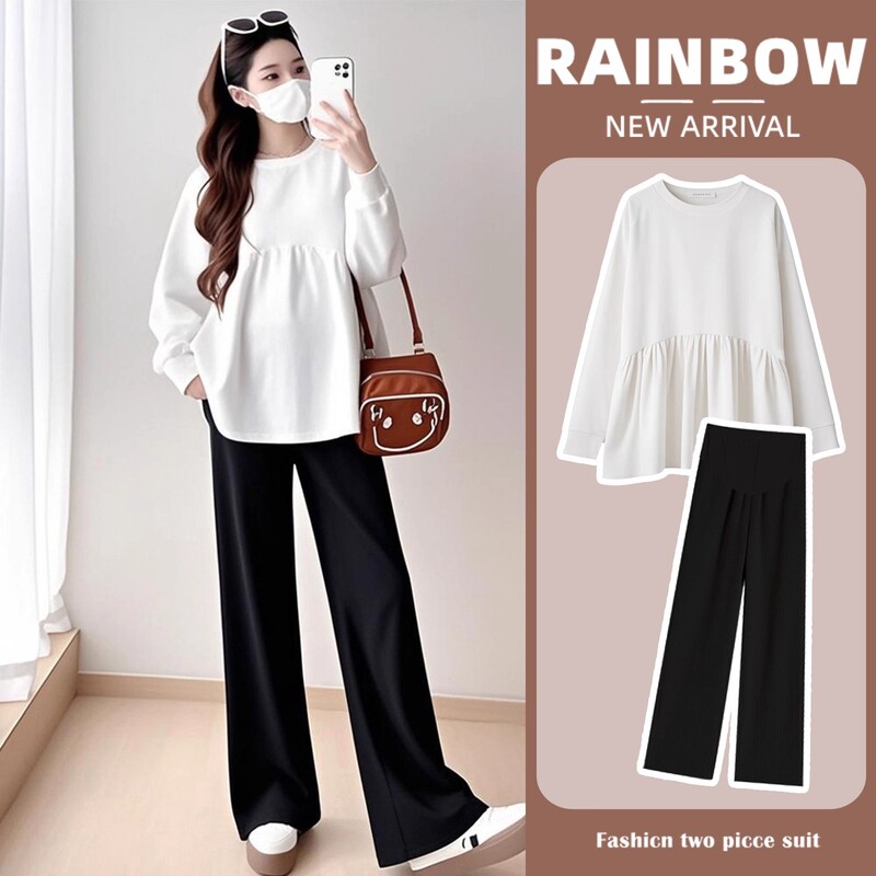 Maternity Wear Autumn and Winter Suit Fashionable Thickened Long-Sleeved Outer Wear Loose Velvet White Top Wide-Leg Pants Two-Piece Set