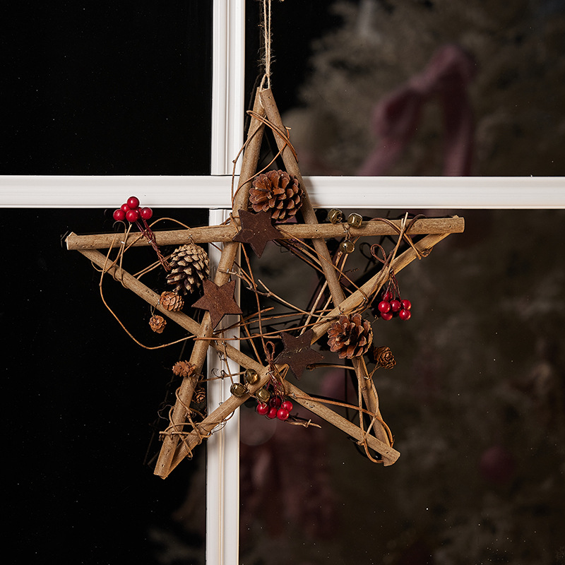 Decoración de Navidad nórdica de madera penta-colgante decoración de ventanas de Navidad accesorios pared campanas de estrella