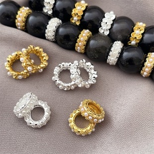 Alloy gold-plated running ring inlaid with pearl ring garland large hole spacer beads handmade diy bracelet bead accessories