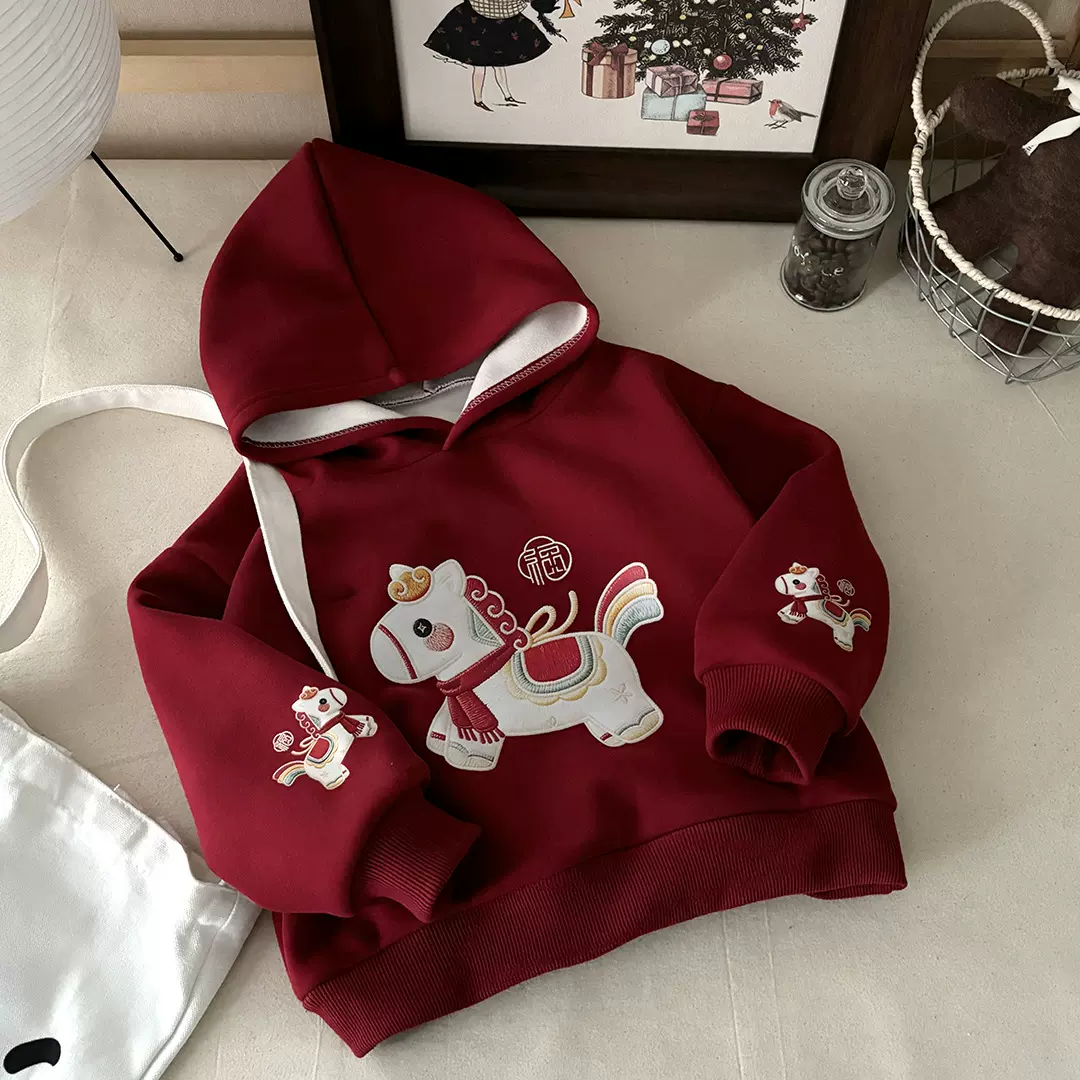 喜庆拜年服儿童加绒卫衣连帽秋冬新款1-8岁男女棉运动加厚款a类