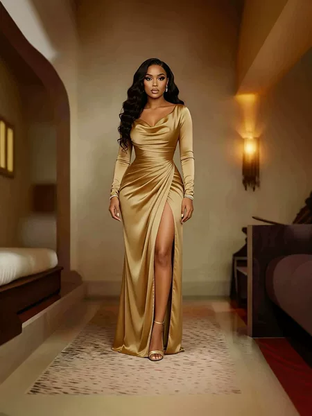 European and American cross-border satin long-sleeve evening dress, sexy V-neck, waist-cinching, high-slit, elegant party dress for women