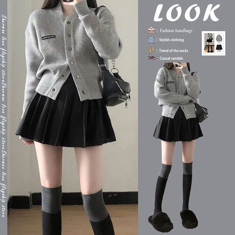 Korean Pure Lust Style Autumn and Winter Outfit Set for Women, Gentle College Style Knitted Cardigan and Pleated Skirt Set