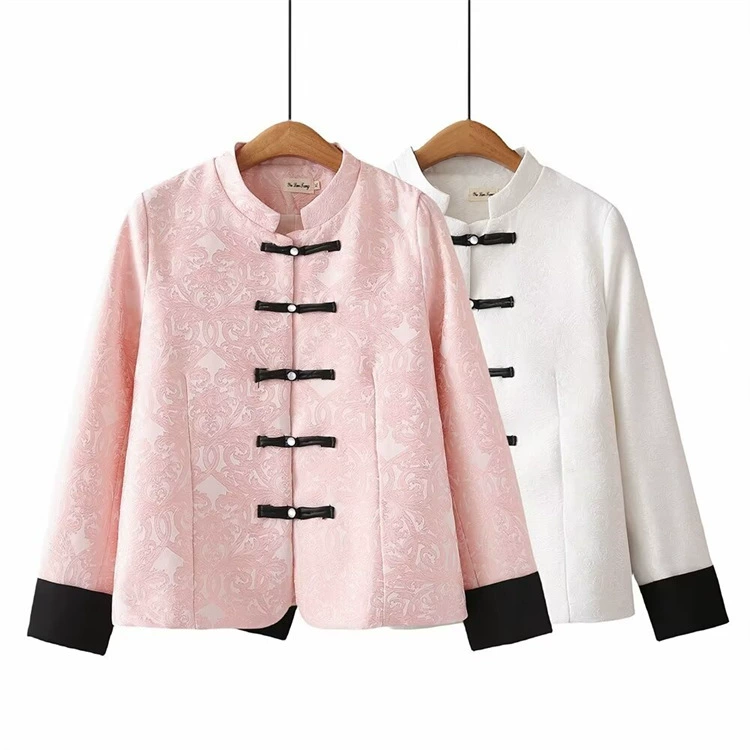 Плюс размер женский топ в национальном стиле пухлая девушка Весенняя мода китайский стиль Пряжка шить пальто с длинным рукавом 438