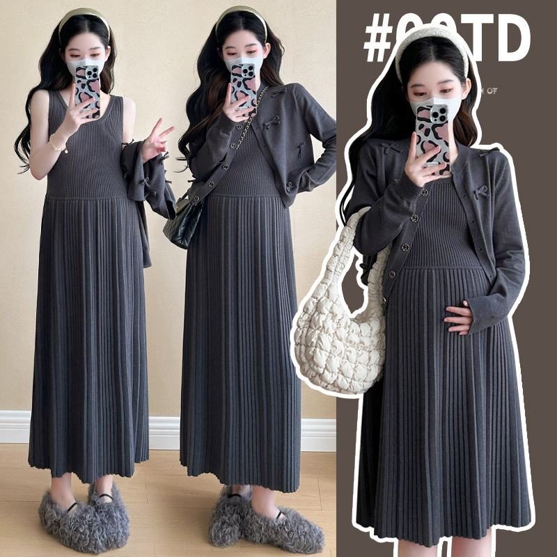 Maternity Wear 2025 Autum New Korean Style Fashionable 2-Piece Knitted Maternity Dress