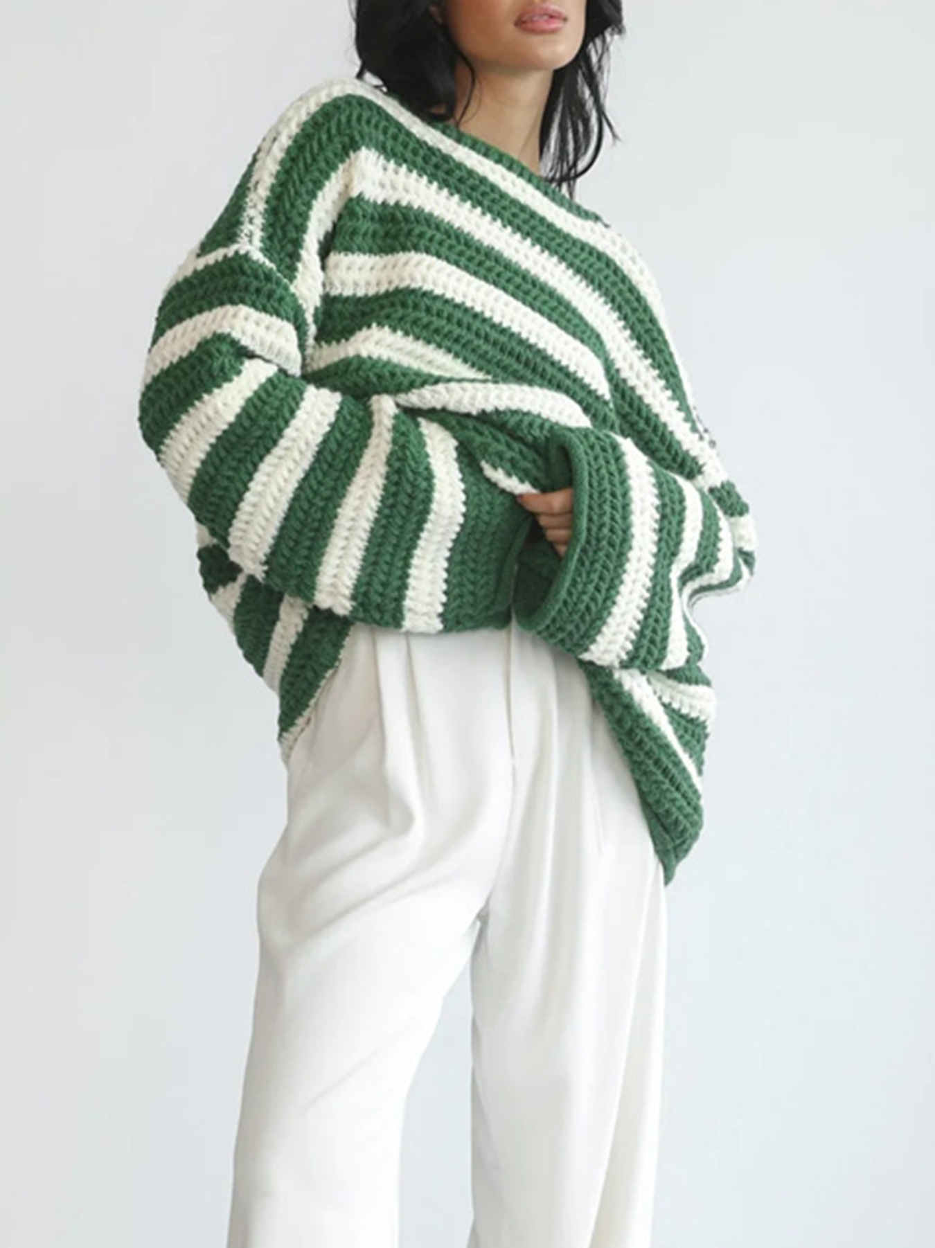Europa y América transfronteriza Amazon Otoño e Invierno superior suelta fuera del cuello a rayas de manga larga Jersey de punto suéter casual para las mujeres