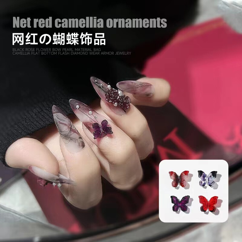Explosions No Deformation Deep Red Three-dimensional Butterfly Nail Art Jewelry Sticker Internet Celebrity Little Red Book Rose Solid Color Camellia Drill