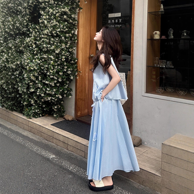2025休闲流行蝴蝶结蓝色无袖套装裙女夏装搭配一整套半身裙两件套|undefined