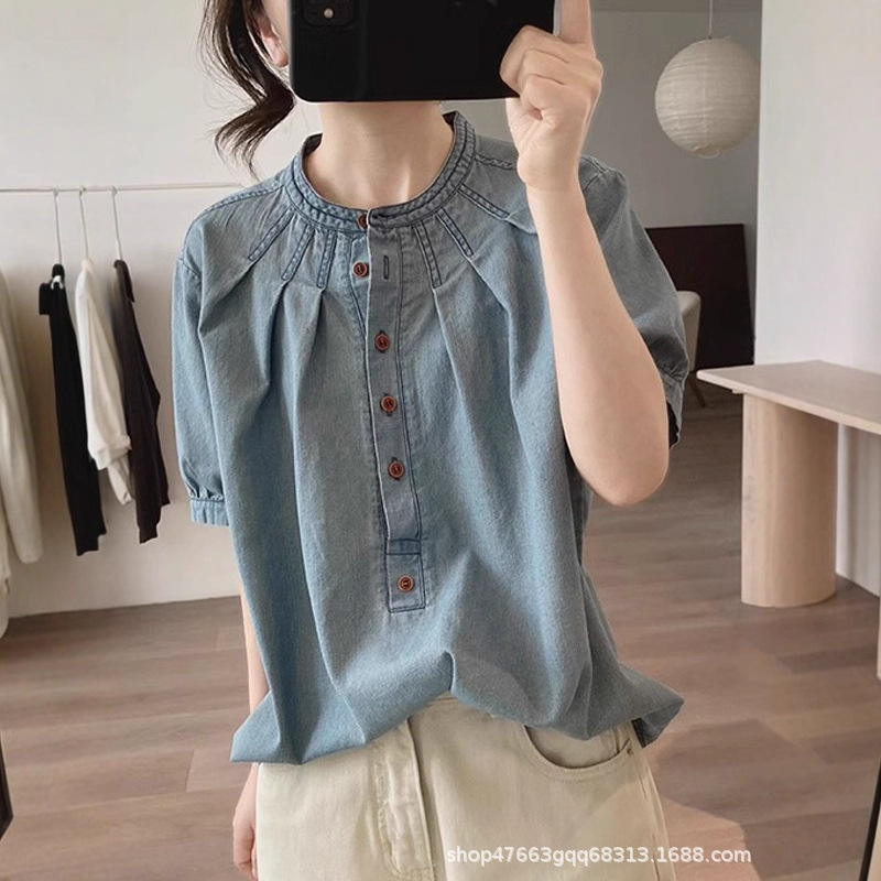 Round Neck Denim Shirt for Women, Summer Design, Niche, Western Style, Age-Reducing Temperament, High-End French Puff Sleeve Top