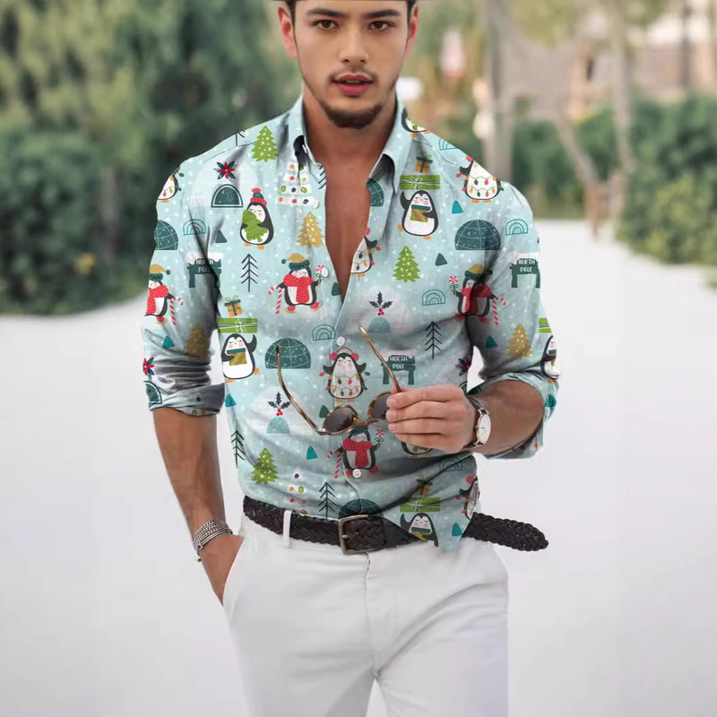 Men's Hot Sale 3D Long Sleeve Shirt Christmas Series Long Sleeve Shirt Hawaiian Loose Plus Size Men's Top