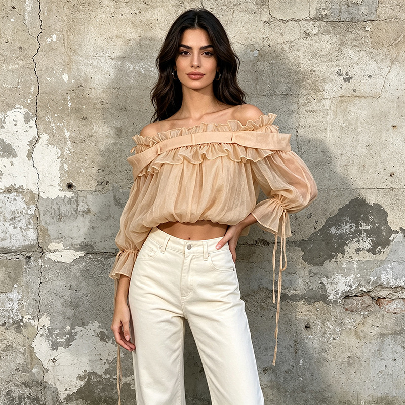 French-Style High-End One-Shoulder Shirt, 2026 Spring New Model, Shirt with Ruffled Sleeves, Fashionable Design, Tie-Up Top