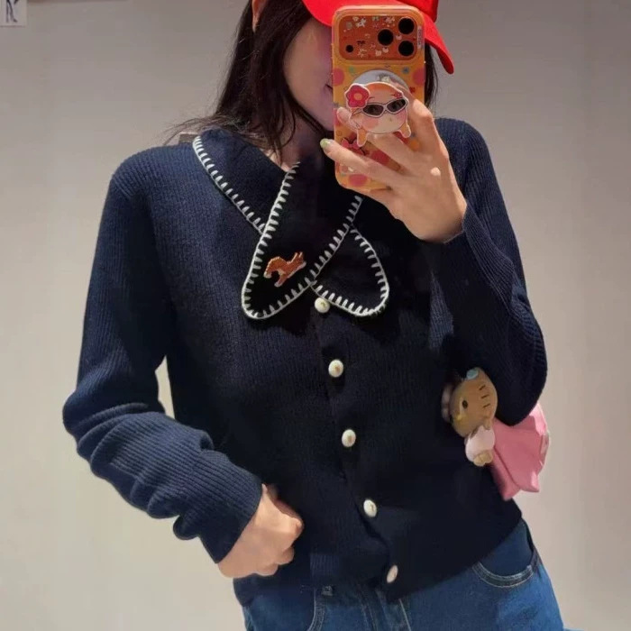 E+ Women's Clothing 2026 Autumn New French Design Puppy Embroidery Navy Collar Knit Cardigan Top for Women