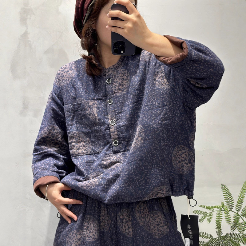 新款复古文艺宽松立领下摆抽绳保暖棉服印花棉衣女|undefined