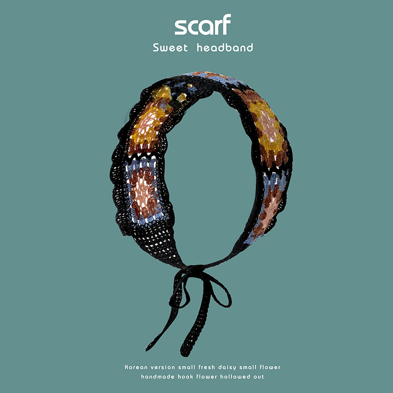 Nuevo colorido estilo étnico hecho a mano de ganchillo tejido banda de pelo de ala ancha estilo pastoral retro de las mujeres banda de pelo bolsa pañuelo sombrero