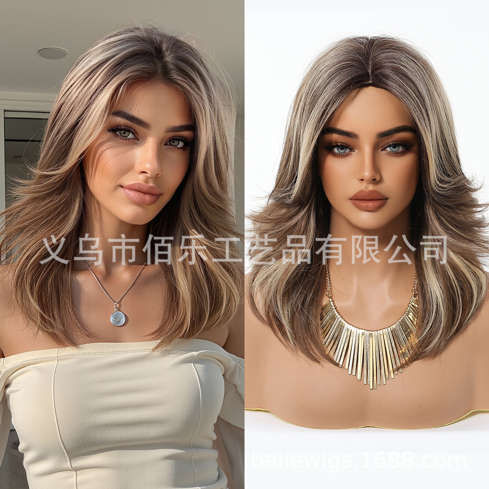 Nueva peluca de venta caliente, color marrón, cabello rizado de longitud media, cubierta de cabeza completa, fibra química, hair femenino, stock europeo y americano al por mayor