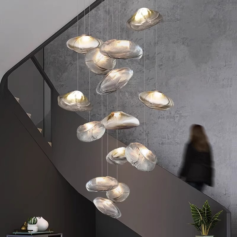 Loft Glass Chandelier with High Ceiling, Lava Duplex Villa, Stairwell, Large Apartment, Long Line Cloud Lamp, Living Room