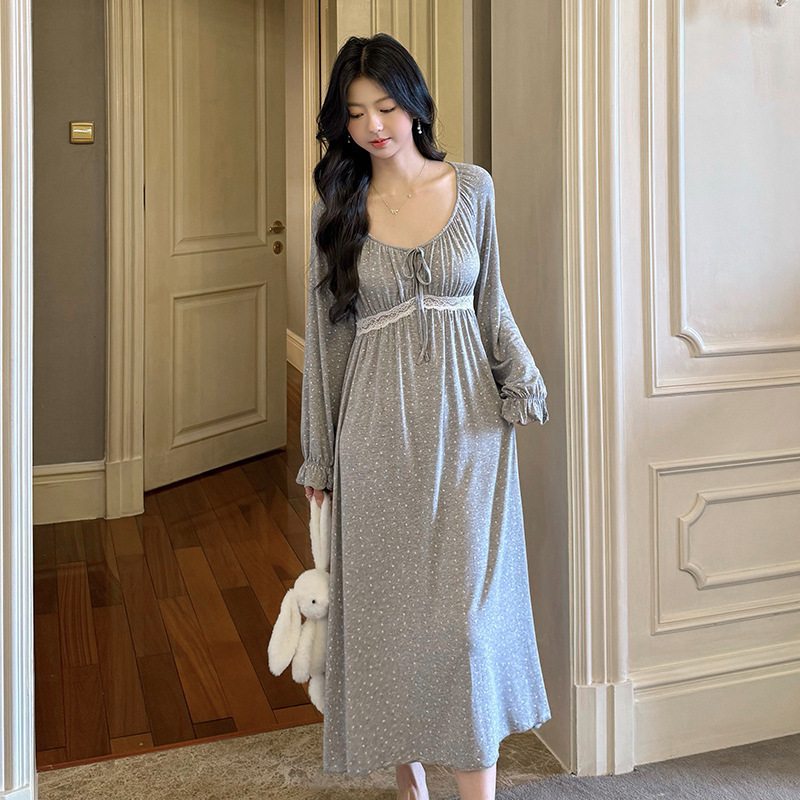 French New Style Pajamas, Autumn Sweet Princess Style Nightgown, Long-Sleeved Modal Comfortable Cotton Home Dress