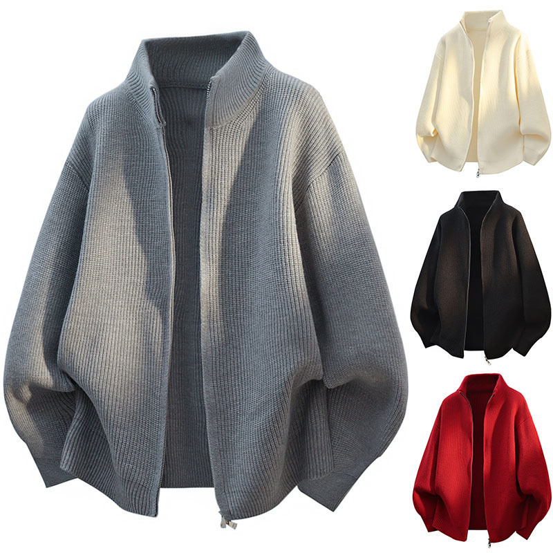 Abbigliamento da uomo Maglione con cerniera da uomo - Cardigan casual oversize (M-XXXL, nero/grigio/beige/rosso)_voghion.com