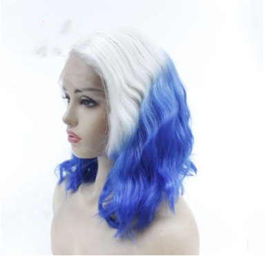 Peluca femenina teñido degradado cabello rizado azul peluca de fibra química cabello corto frente a la fábrica de encaje al por mayor LW0165